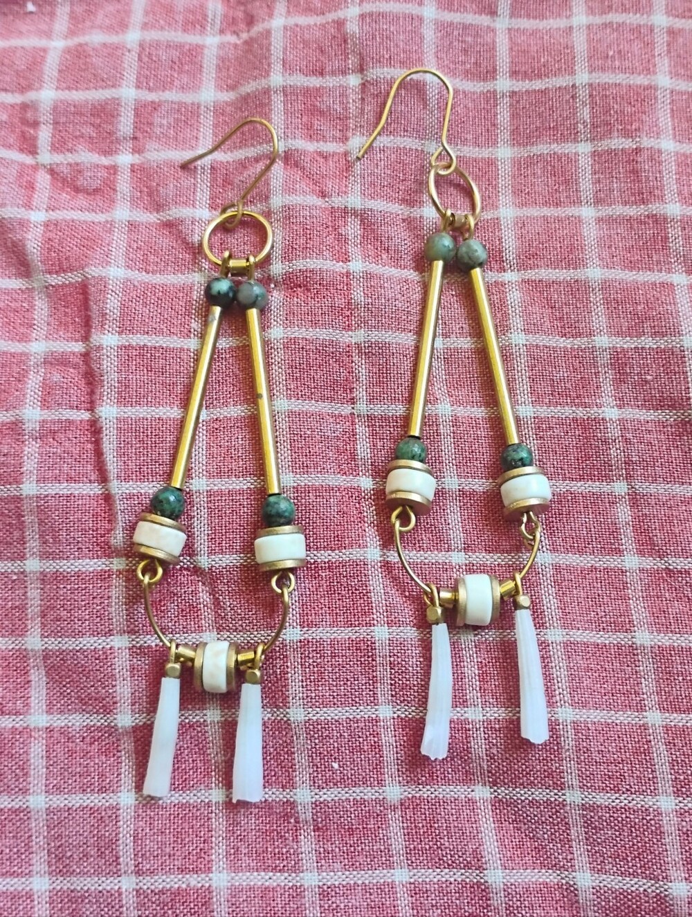 Long Teardrop Howlite, African Turquoise, and Tusk Shell Handmade Earrings